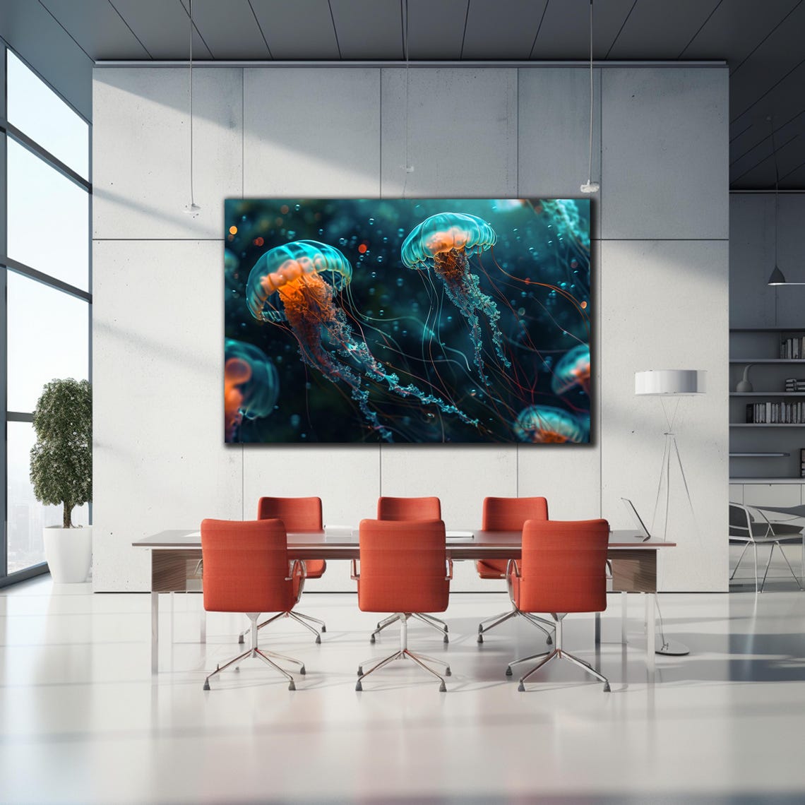 Two Glowing Jellyfish Close-Up Teal Amber Dark Ocean Scene Poster - Image 2