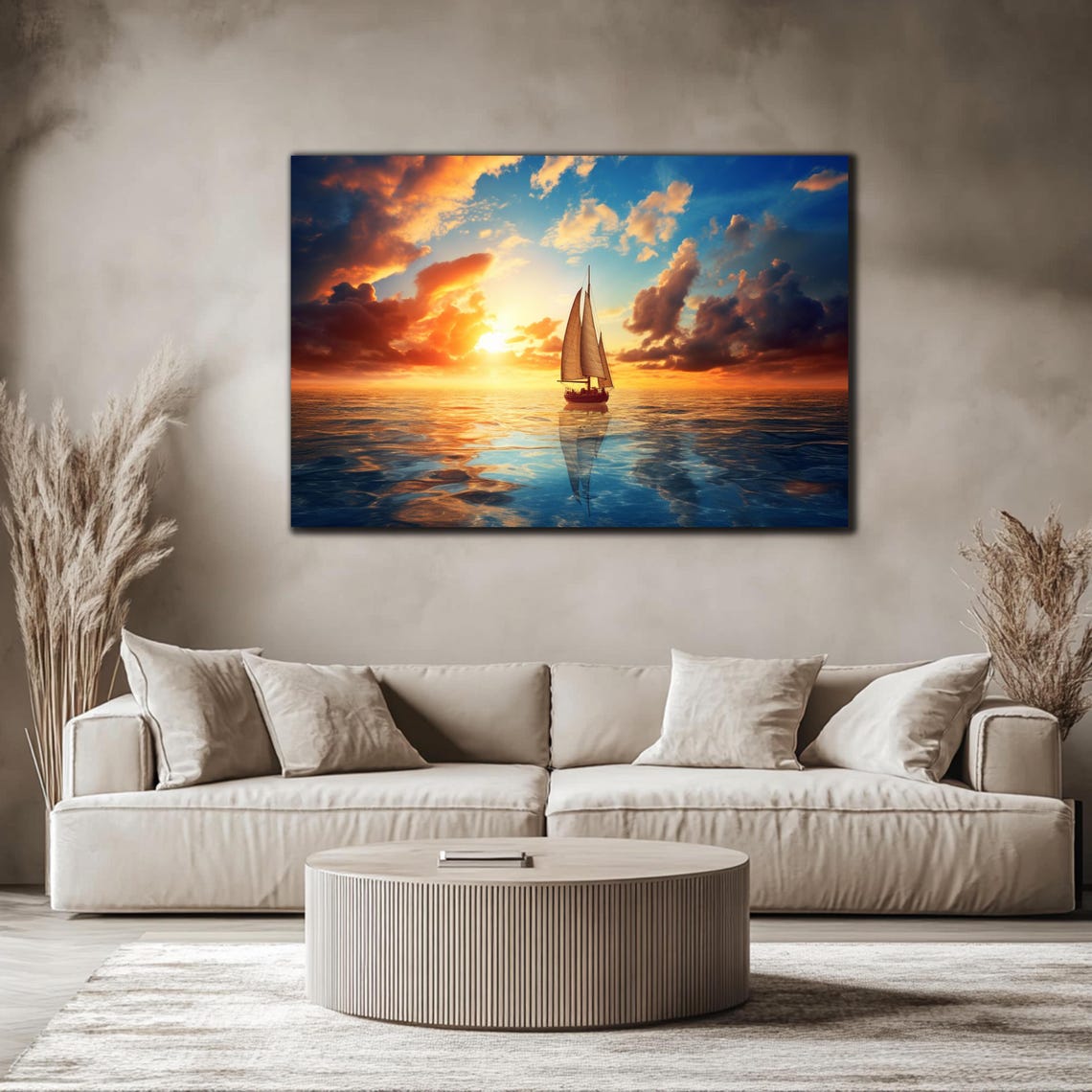 Lone Sailboat Sunset Dramatic Clouds Reflective Ocean Golden Poster - Image 4
