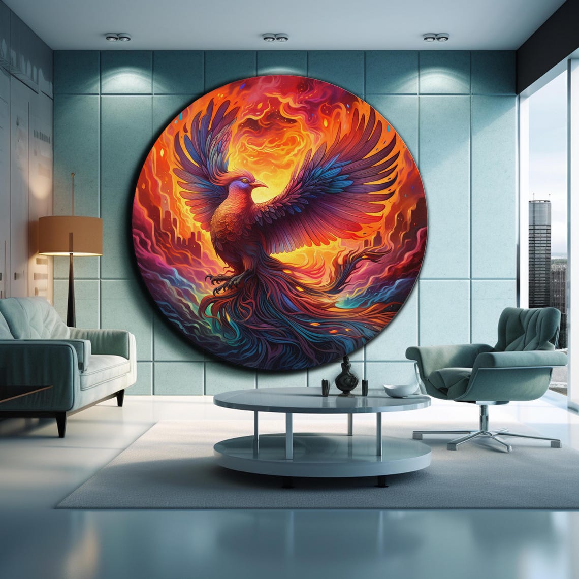 Majestic Phoenix Fire Bird Round Orange Flame Wall Art Poster - Image 2