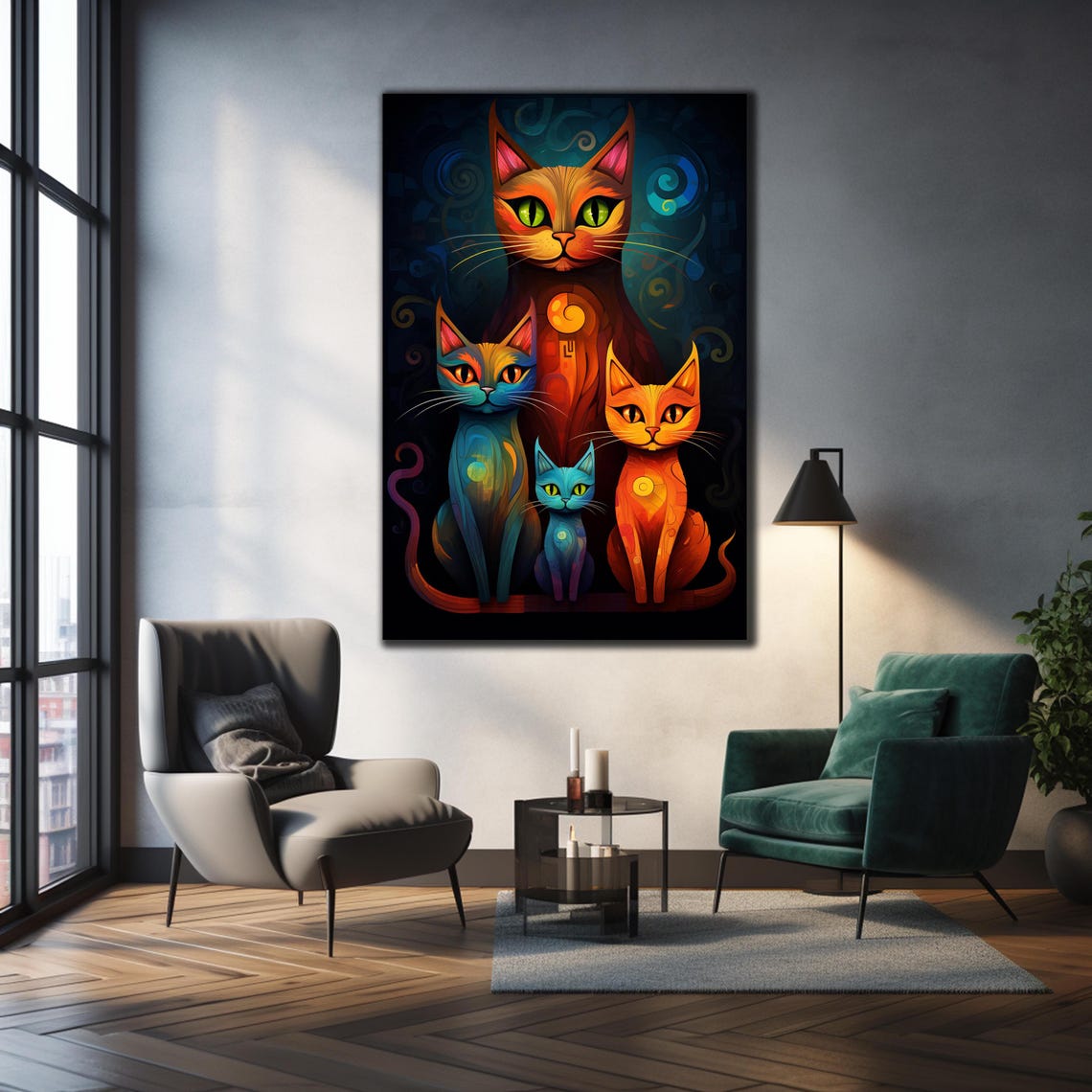 Four Colorful Stylized Cats Vibrant Family Portrait Cat Lover Poster - Image 2