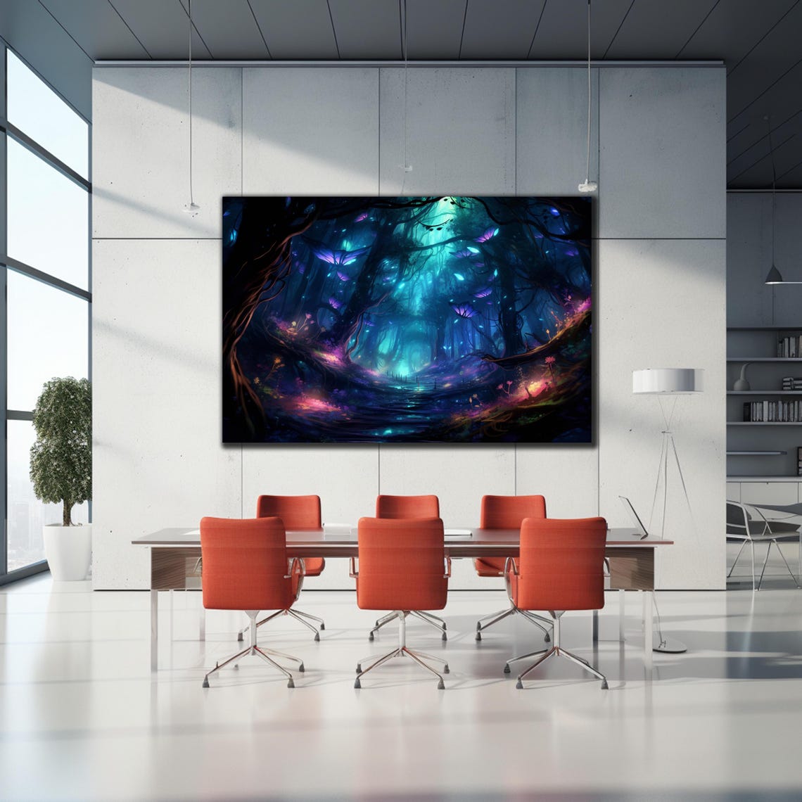 Fantasy Forest Glowing Purple Butterflies Neon Magic Night Wall Art - Image 2