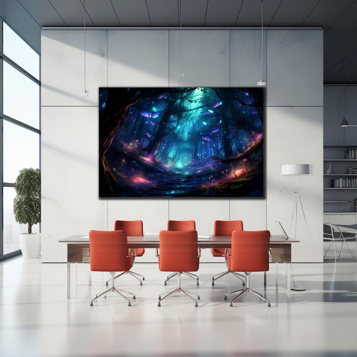 Fireflies Illuminate Forest Tempered Glass Wall Art Fantasy Neon Wall Decor Optical Illusion Artwork Psychedelic Glowing Forest Glass Art - Image 2