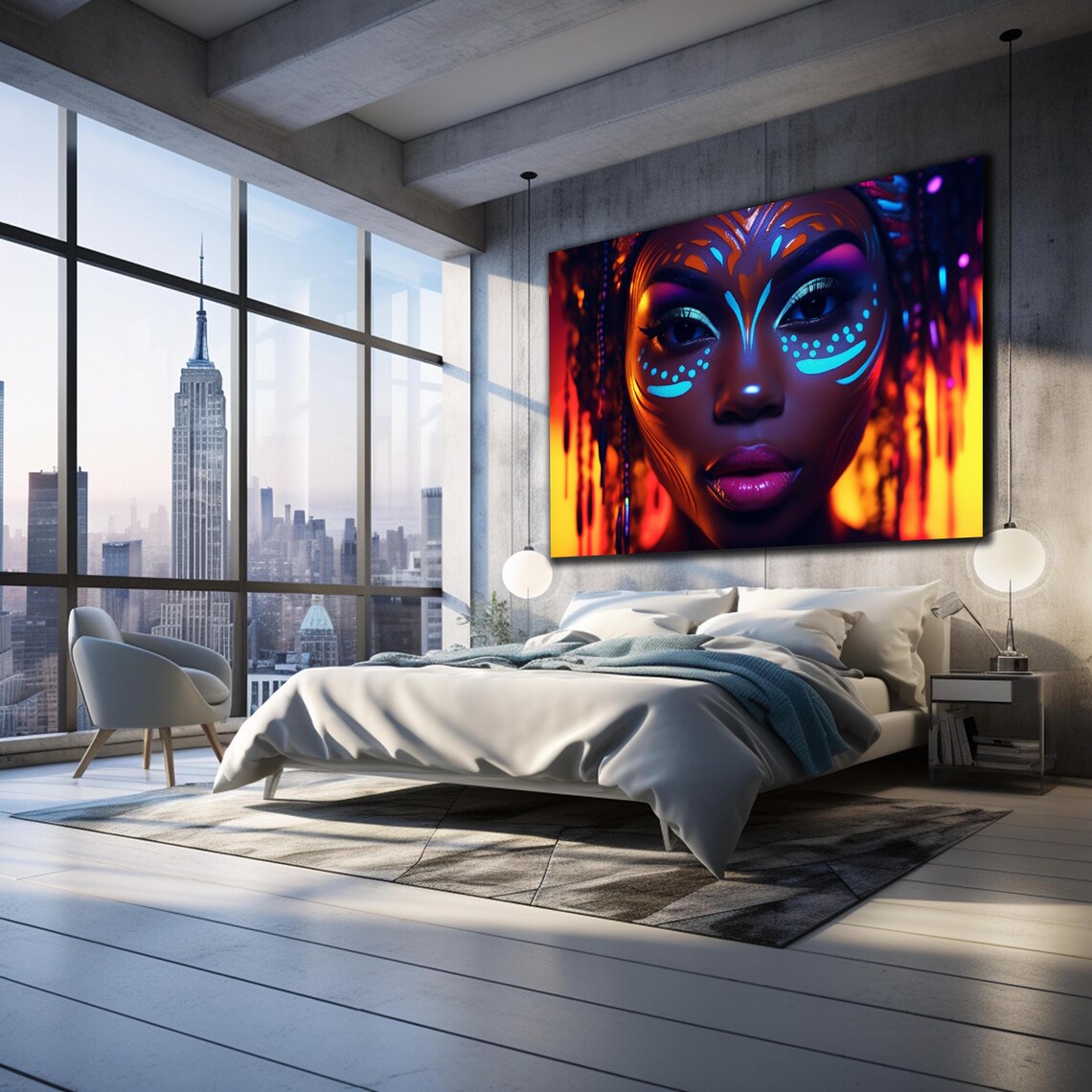 African Woman Neon Face Paint Fiery Orange Glow Portrait Wall Art - Image 2