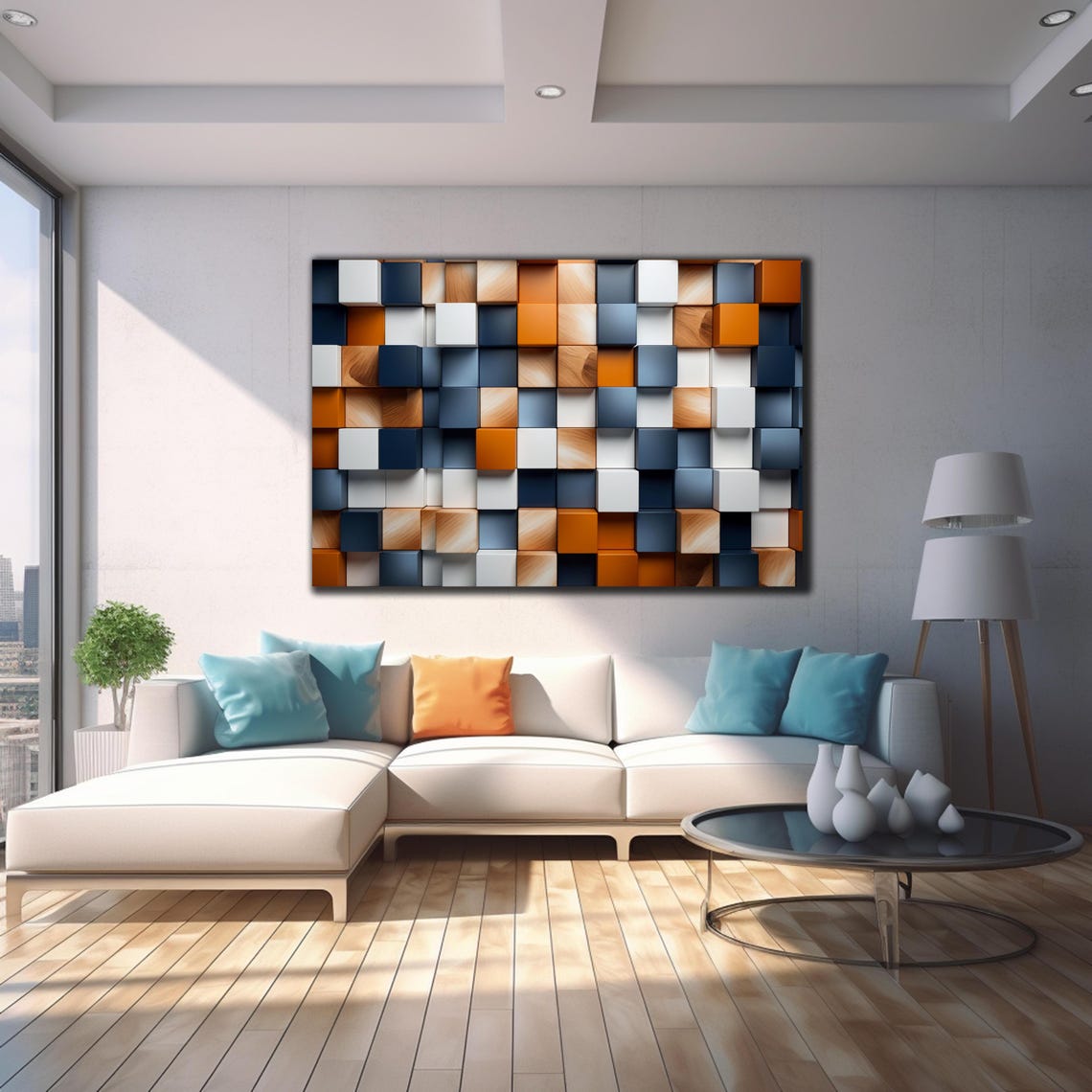 Navy Orange White Wood Cube Grid Bold 3D Abstract Wall Art Print - Image 4