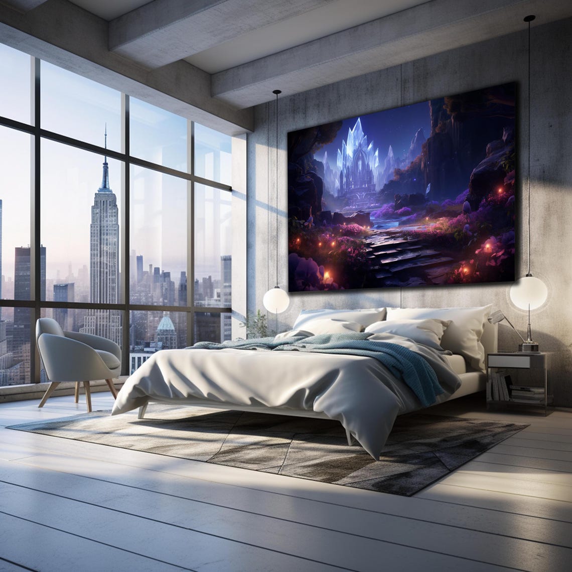 Crystal Ice Castle at Night Glowing Path Fantasy Landscape Wall Art - Image 3