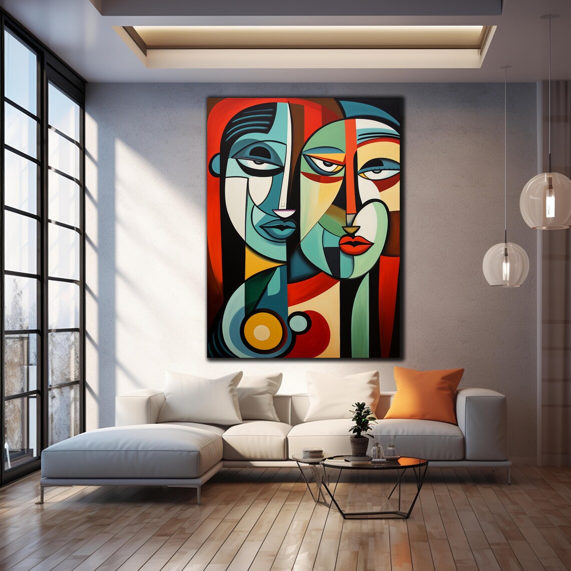 Cubist Abstract Faces Geometric Modern Art Red Teal Beige Glass Wall Art Print - Image 3