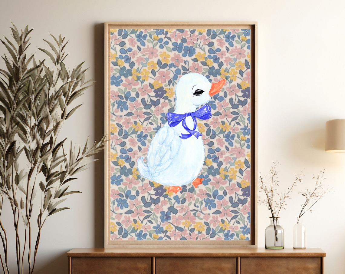 White Duck Blue Bow Floral Background Coquette Cute Nursery Wall Art