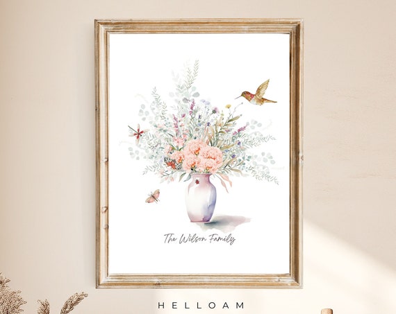 Birth Flower Family Bouquet Personalized Watercolor Art Print