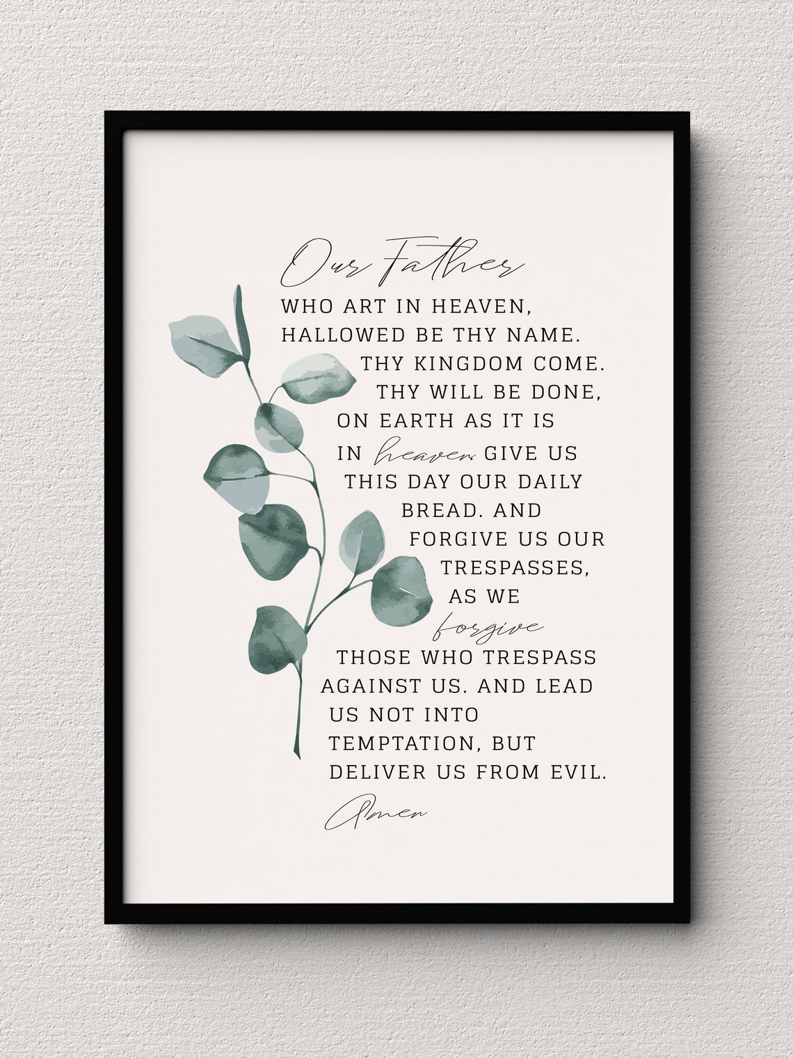 Our Father Prayer Text Eucalyptus Black Frame Religious Poster - Image 2