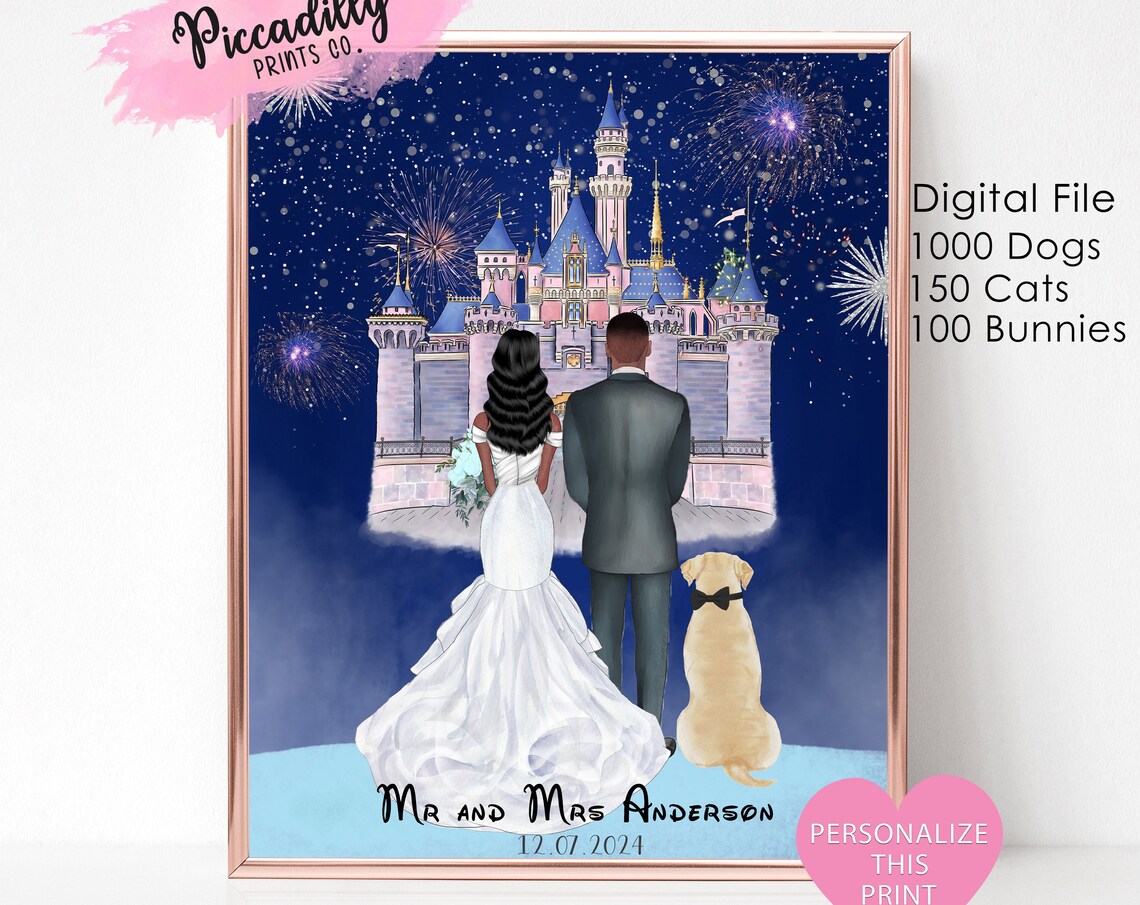 Personalized Disney Wedding Portrait With Pets Art Print