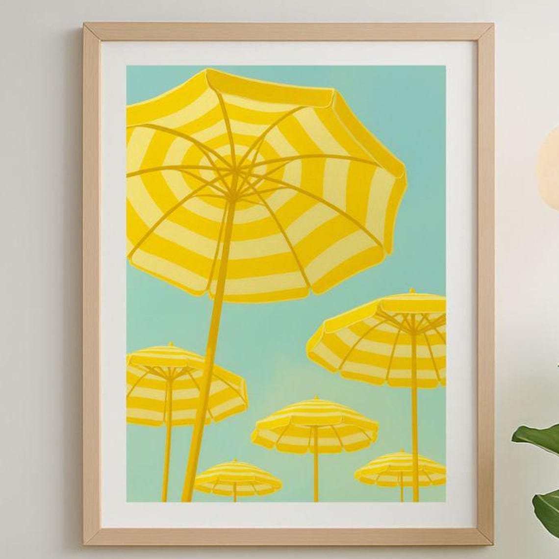 Yellow Striped Beach Umbrellas Retro Coastal Summer Decor Poster