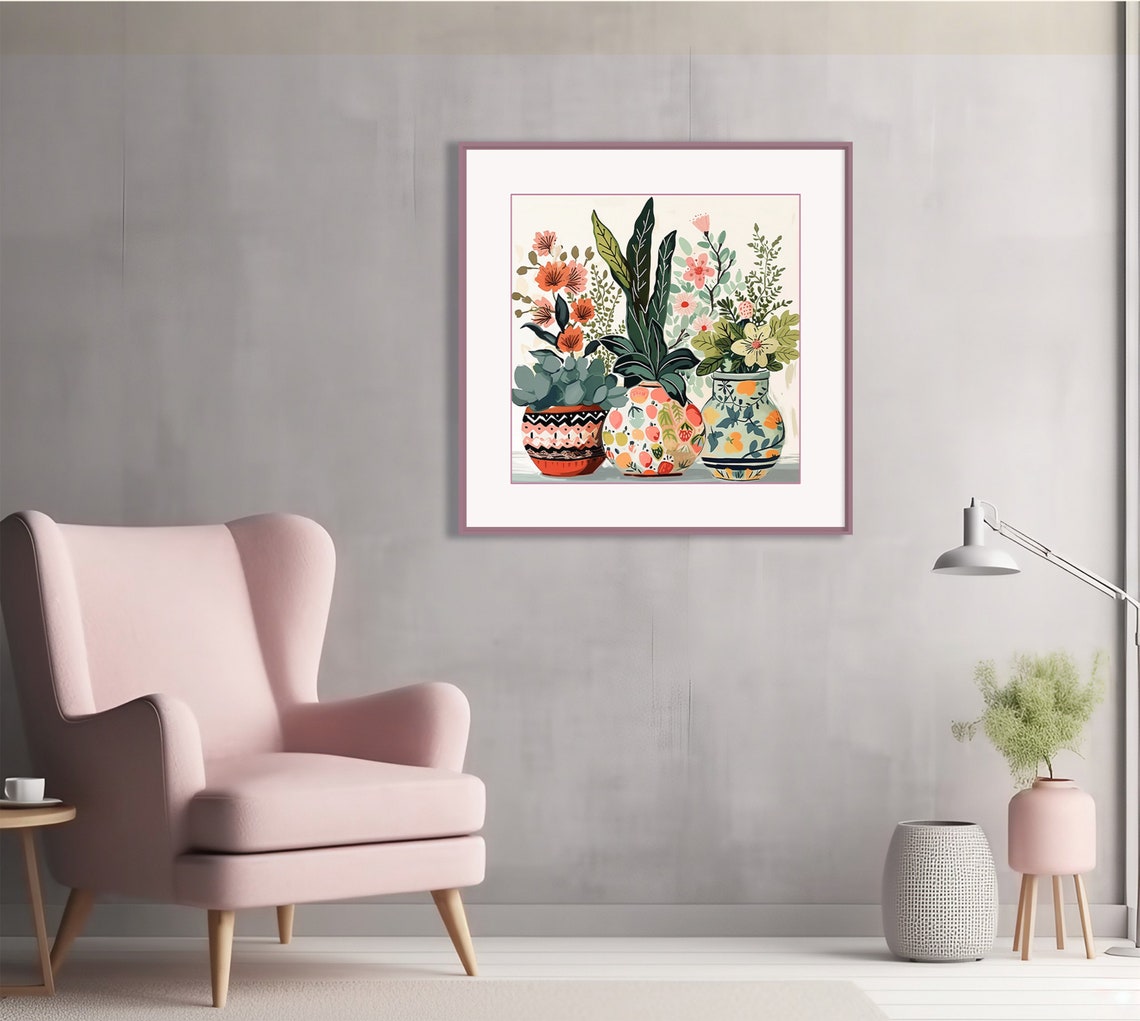 Folk Art Potted Plants Patterned Pots Pink Green Floral Wall Poster - Image 2