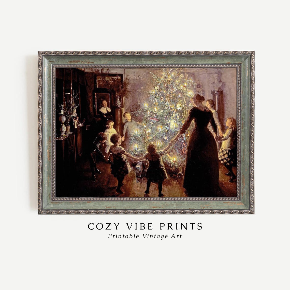 Antique Christmas Tree Candlelight Family Gathering Painting Poster