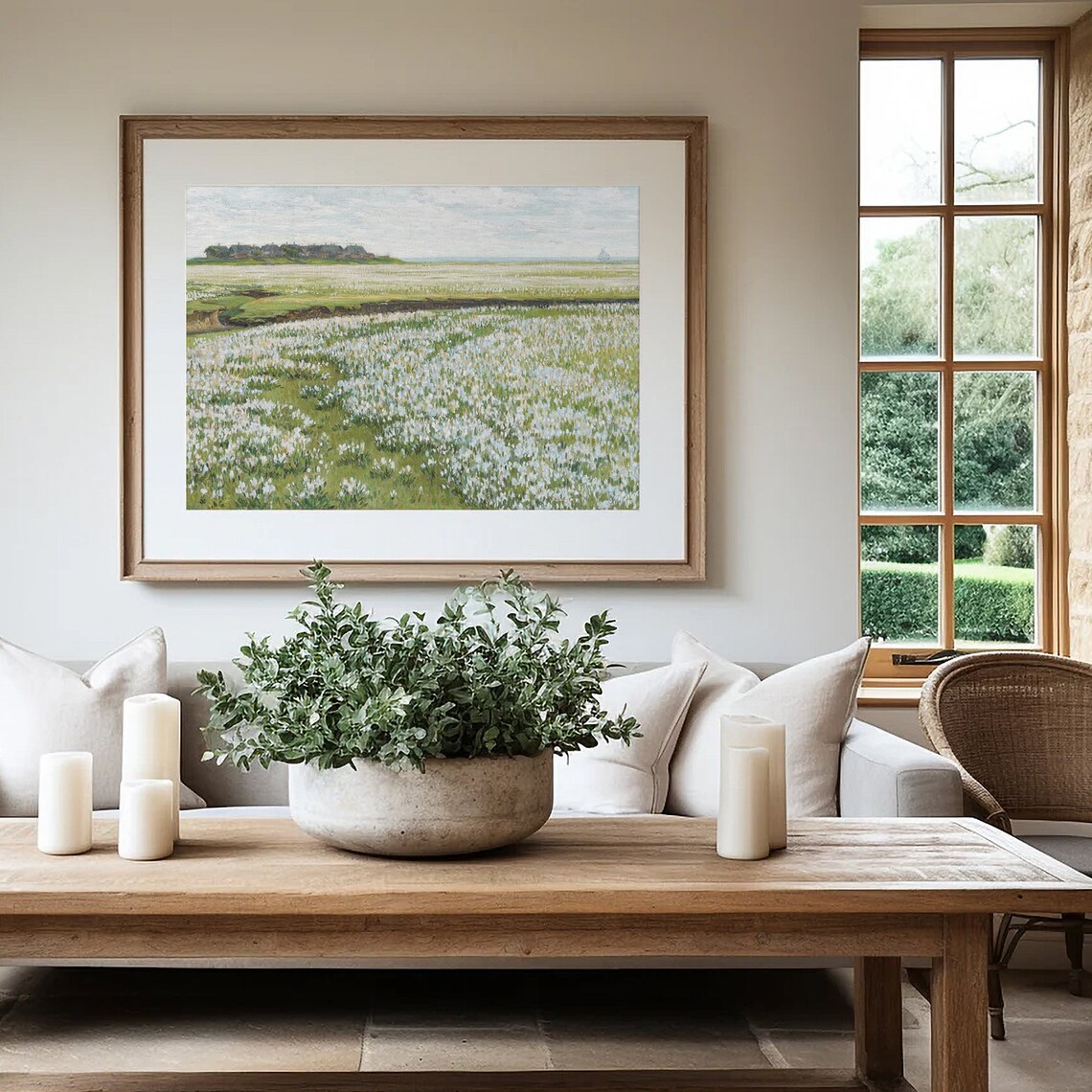 Vintage White Flower Meadow Landscape Painting Village View Poster - Image 4