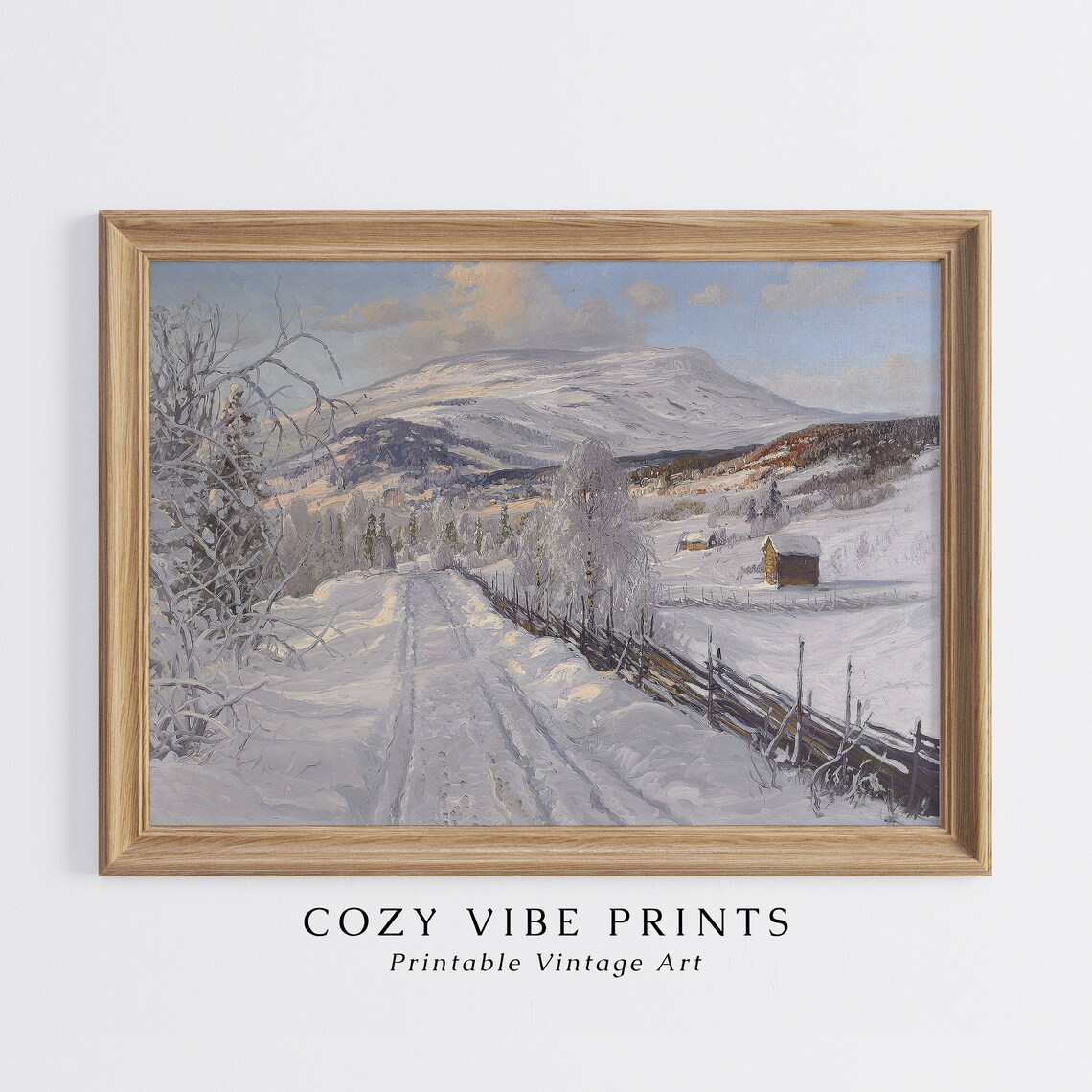 Snowy Mountain Road Farmhouse Vintage Winter Landscape Oil Painting Print - Image 3