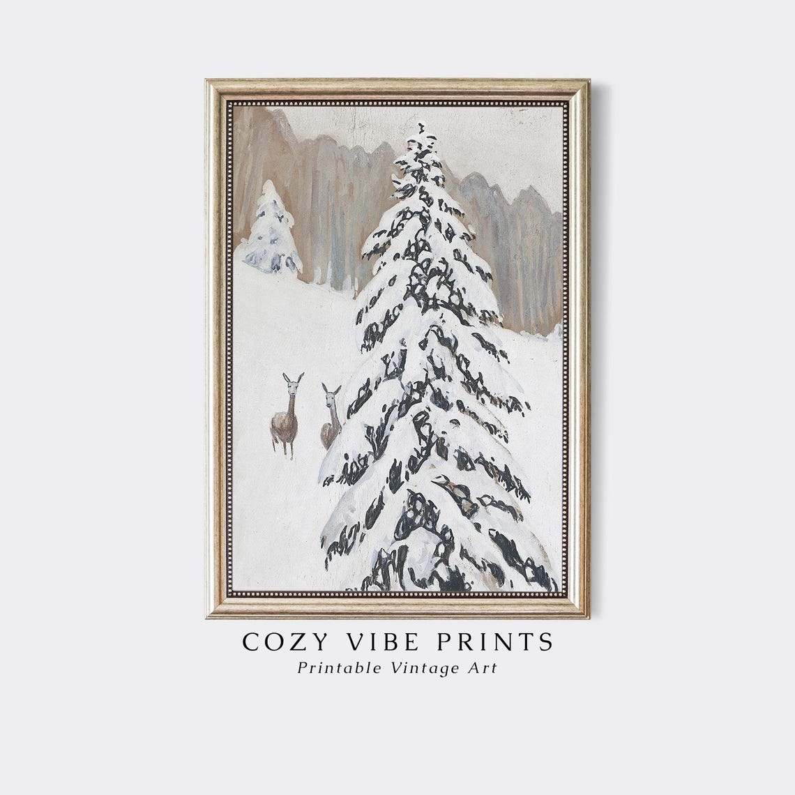 Snowy Winter Forest Pine Trees Deer Vintage Christmas Poster - Image 3