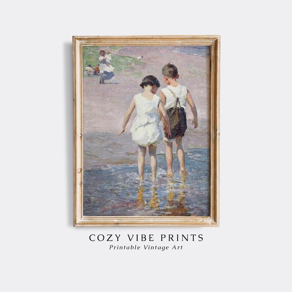 Two Children Wading at the Beach Vintage Summer Seaside Painting Poster