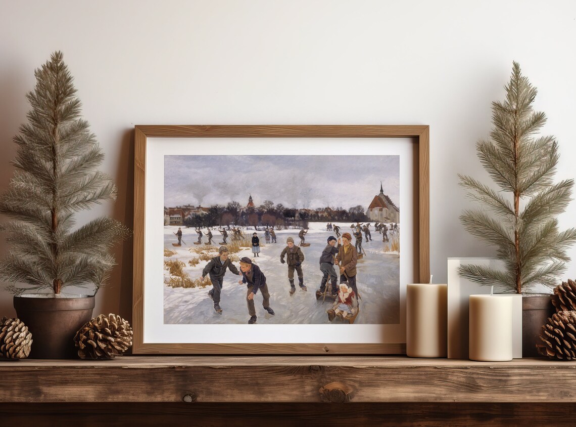 Vintage Children Ice Skating On Frozen Pond Winter Fun Painting Poster - Image 4