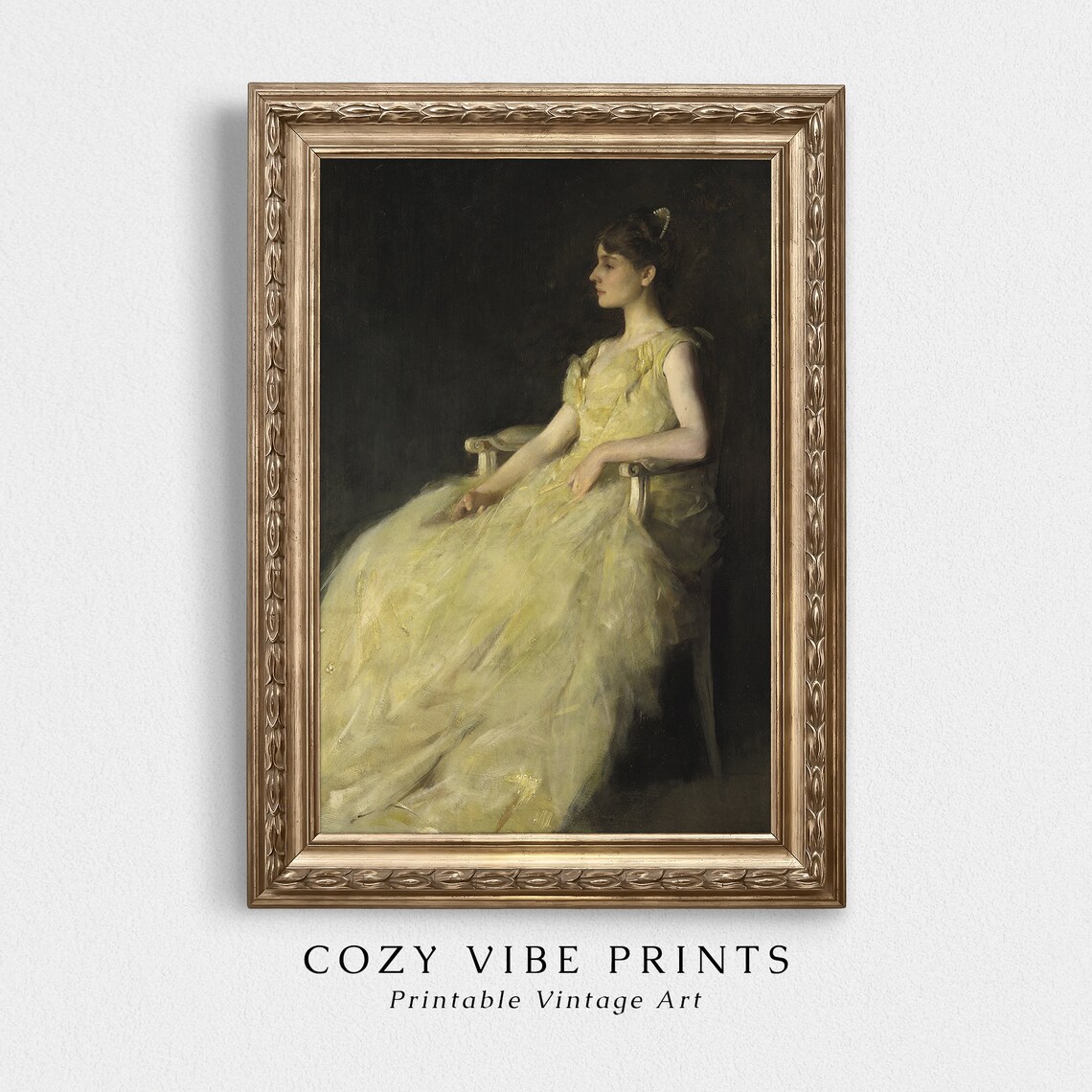 Vintage Portrait Of Young Woman In Yellow Dress Seated Elegant Poster