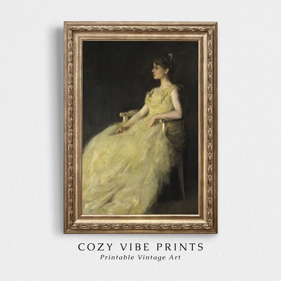 Vintage Portrait Of Young Woman In Yellow Dress Seated Elegant Poster