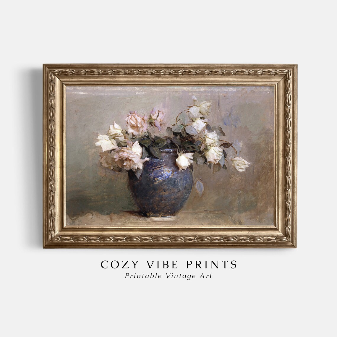 White Roses in Blue Vase Vintage Floral Still Life Painting Poster - Image 2