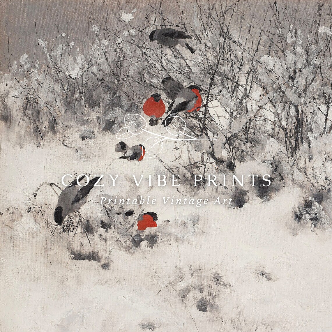 Bullfinches in Snowy Branches Vintage Winter Bird Painting Wall Art - Image 2