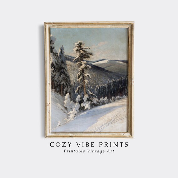 Vintage Snowy Winter Mountain Forest Spruce Trees Oil Painting Poster