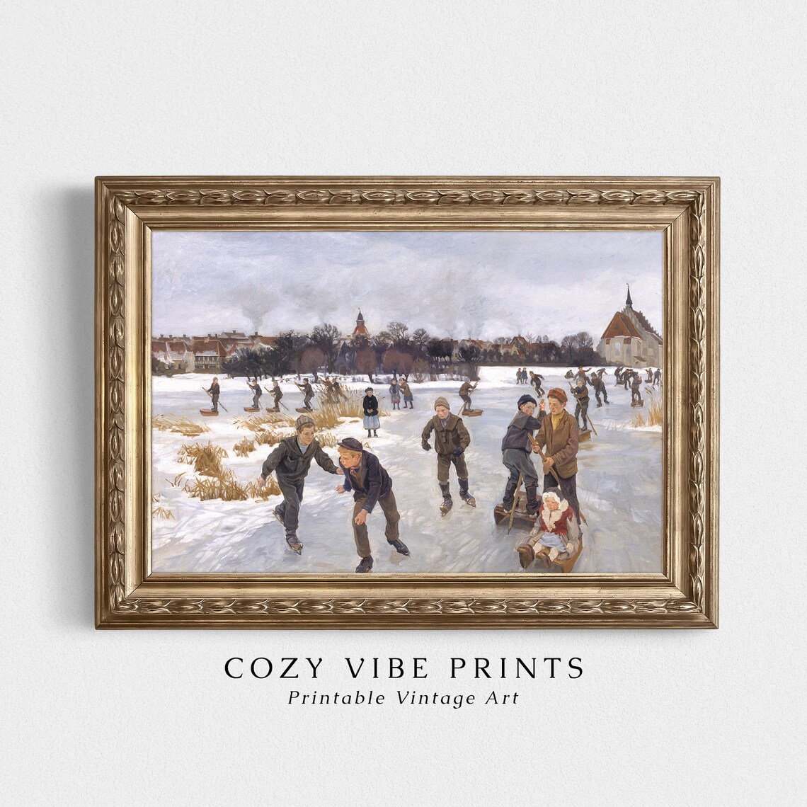 Vintage Children Ice Skating On Frozen Pond Winter Fun Painting Poster - Image 2