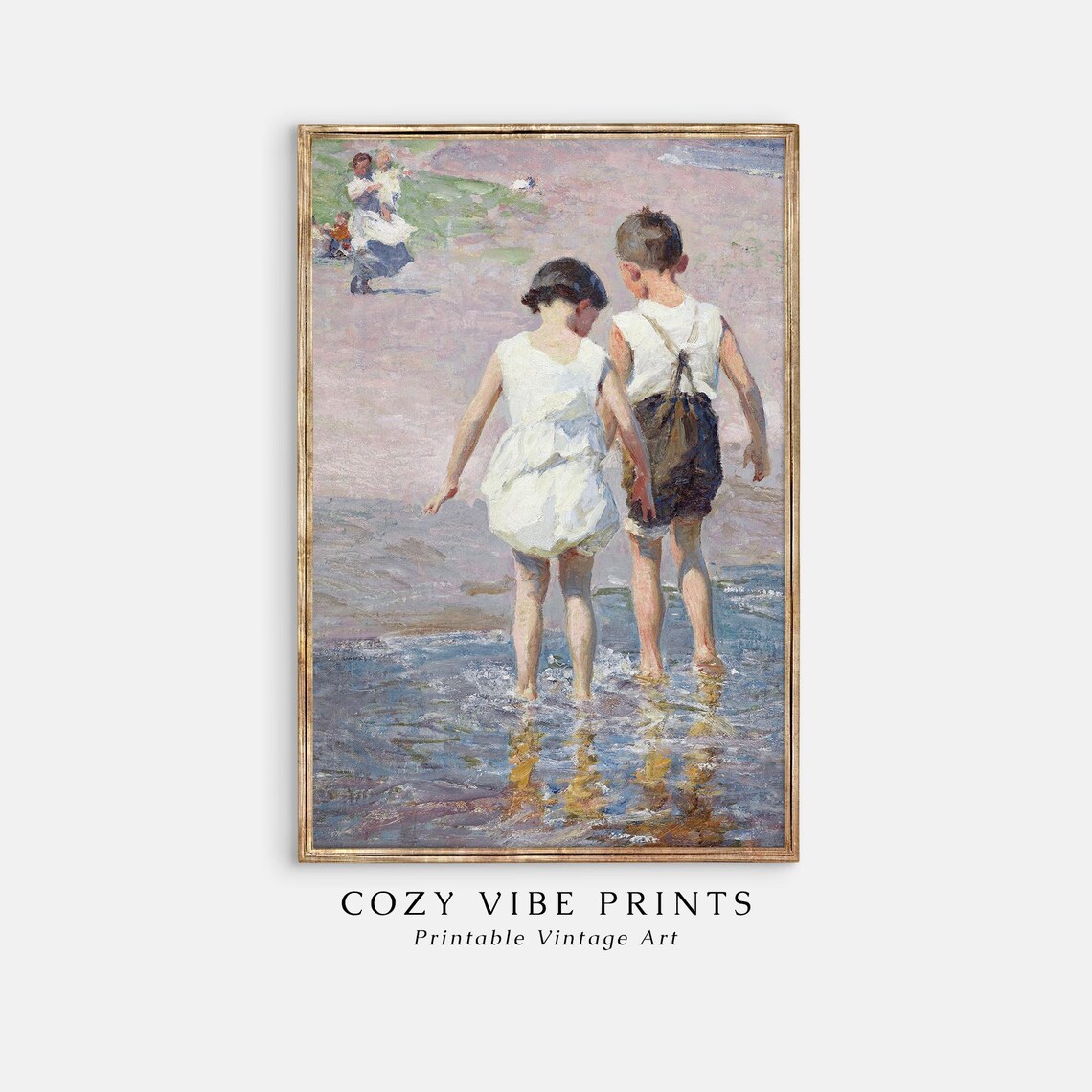 Two Children Wading at the Beach Vintage Summer Seaside Painting Poster - Image 2