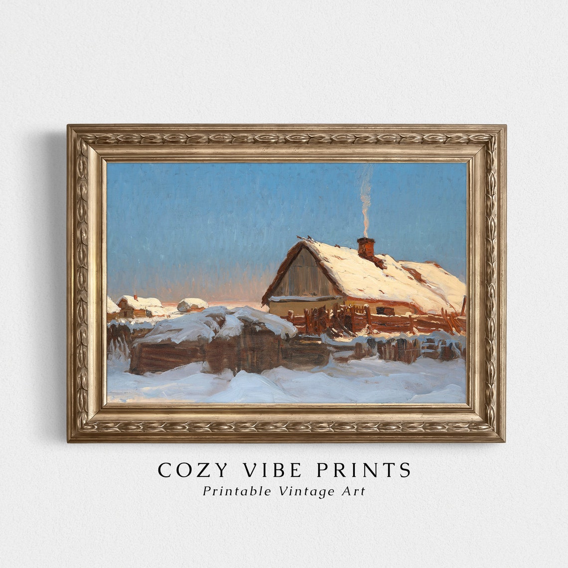 Winter Cabin With Smoking Chimney Snowy Vintage Landscape Wall Art - Image 3