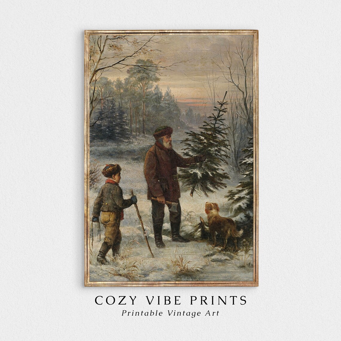 Family Bringing Home the Christmas Tree Vintage Winter Painting Poster
