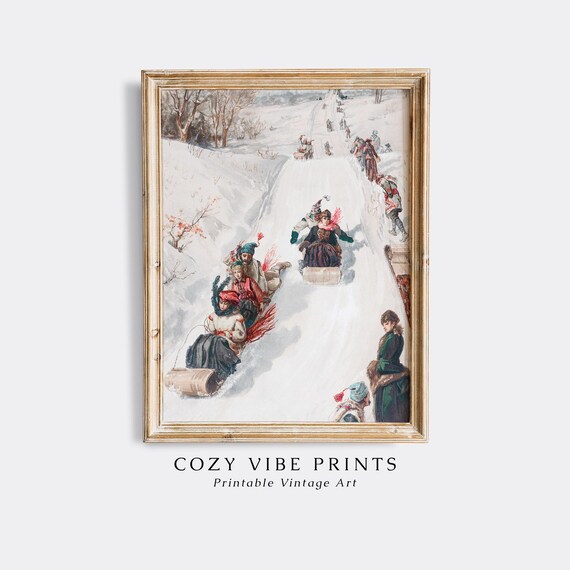 Victorian People Sledding Snowy Hill Vintage Winter Fun Poster