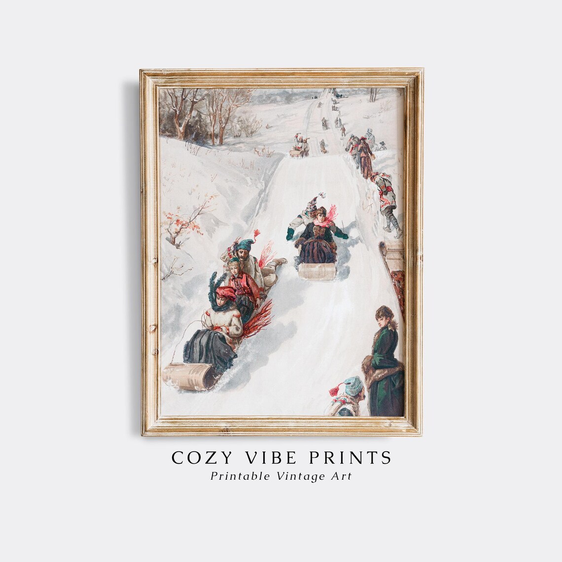 Victorian People Sledding Snowy Hill Vintage Winter Fun Poster