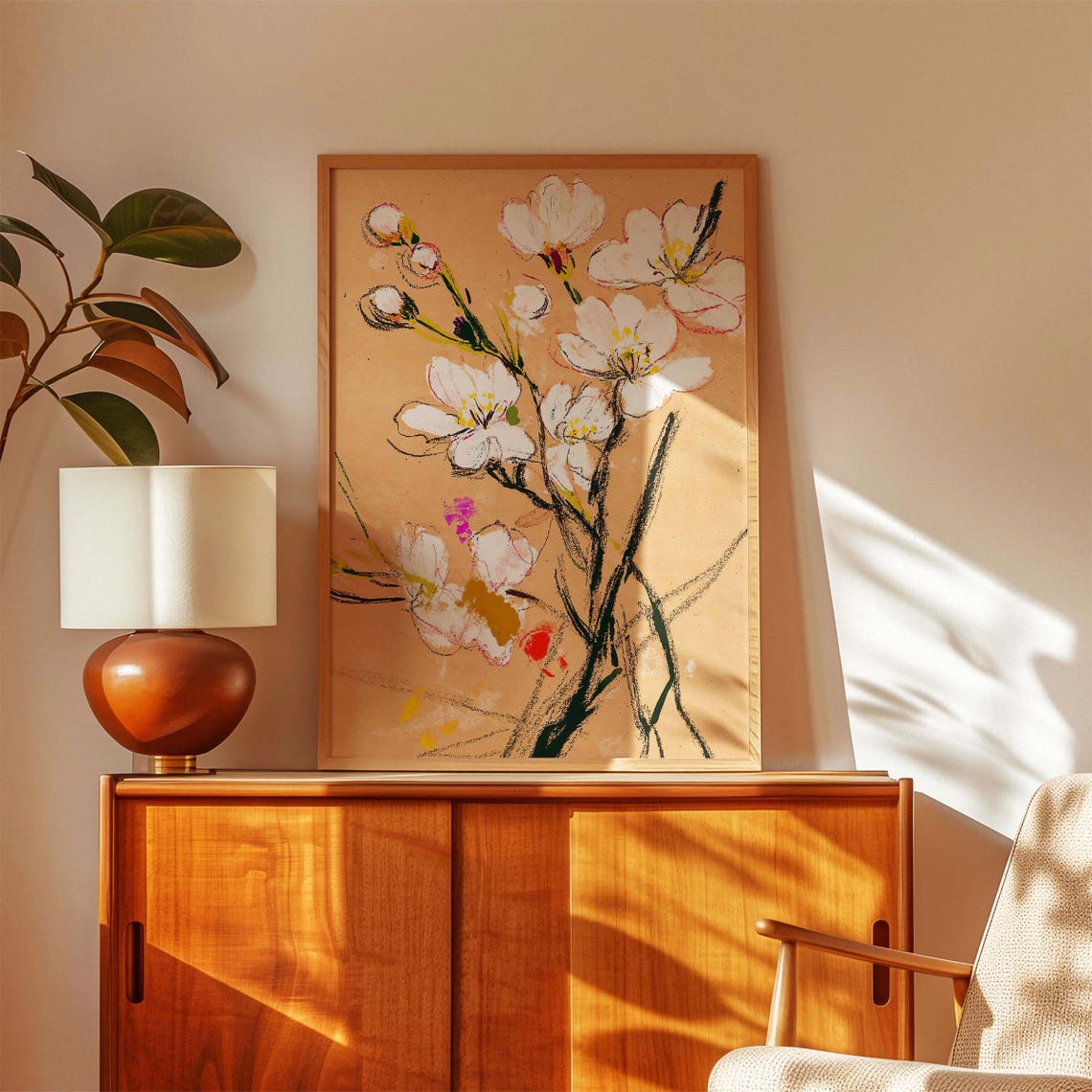 White Cherry Blossom Pastel Drawing Modern Floral Kraft Paper Wall Art - Image 3