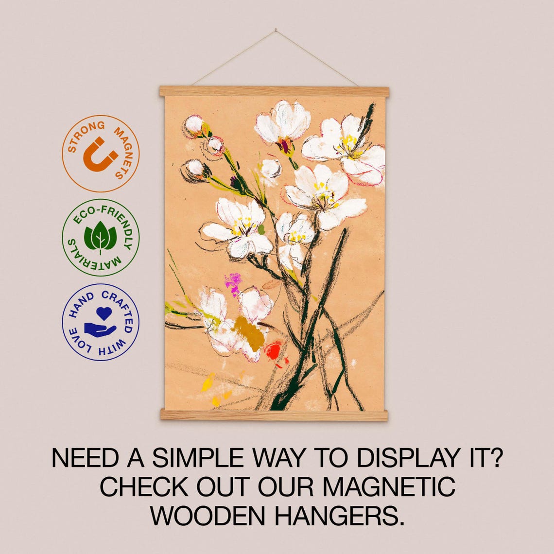 White Cherry Blossom Pastel Drawing Modern Floral Kraft Paper Wall Art - Image 2