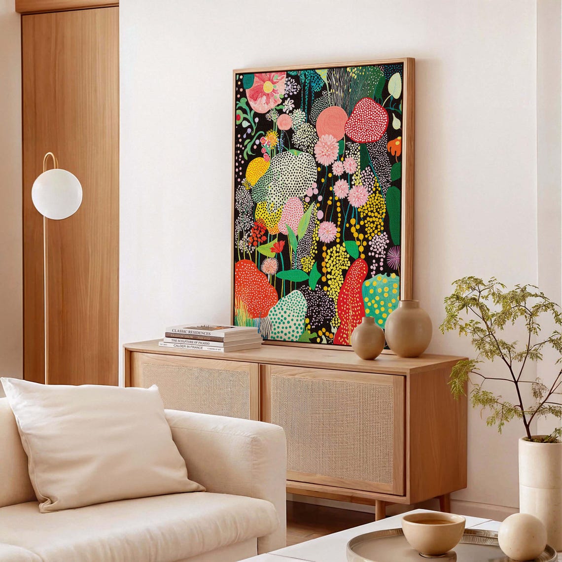 Lush Dotted Flower Garden Abstract Botanical Poster on Black - Image 3