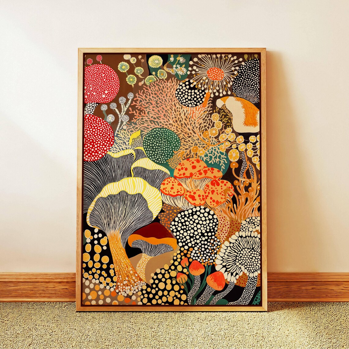 Mushroom Botanical Art Print, Yayoi Kusama Style