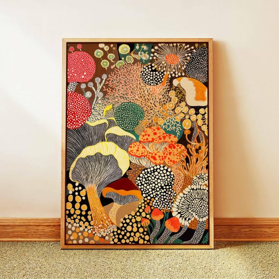 Mushroom Botanical Art Print, Yayoi Kusama Style