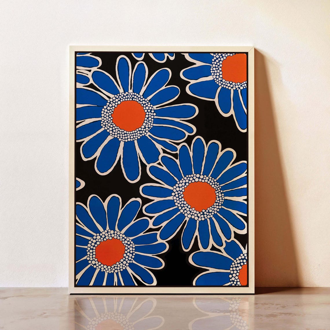 Bold Blue Daisy Blooms with Orange Centers Mid Century Floral Poster