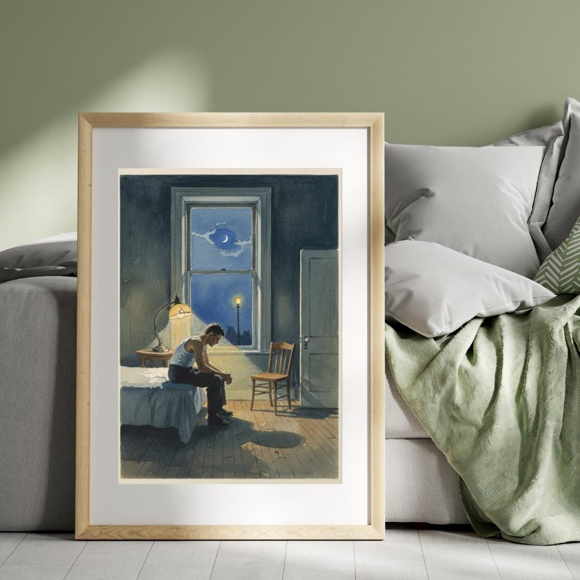 Man Sitting on Bed Night Window Moon Hopper Style Artwork Poster