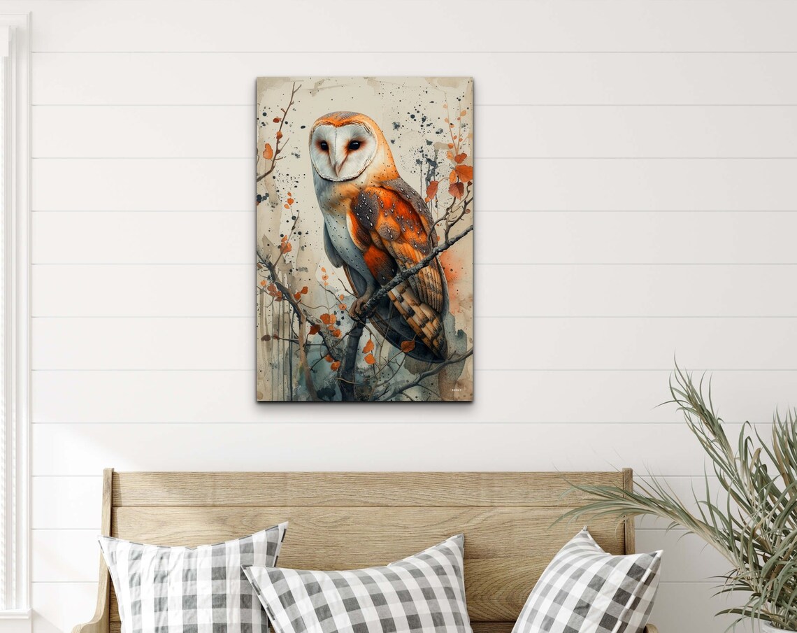 Barn Owl Watchful Gaze Branch Watercolor Woodland Bird Poster