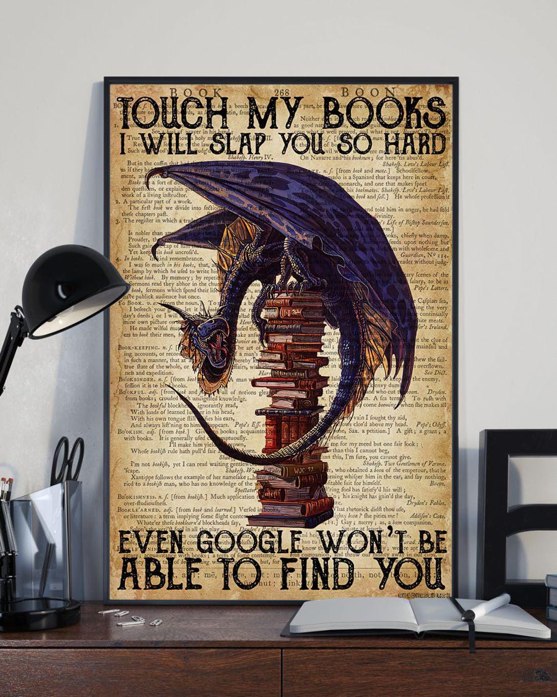 Touch My Books Funny Dragon Guarding Tall Stack Of Books Poster - Image 3