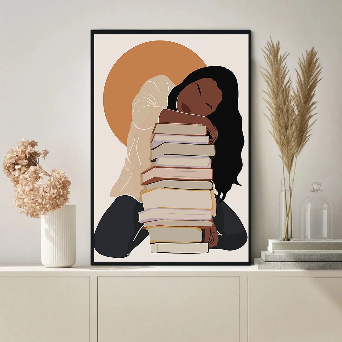Book Lover Black Woman Hugging Stack Of Books Reading Art Poster - Image 2