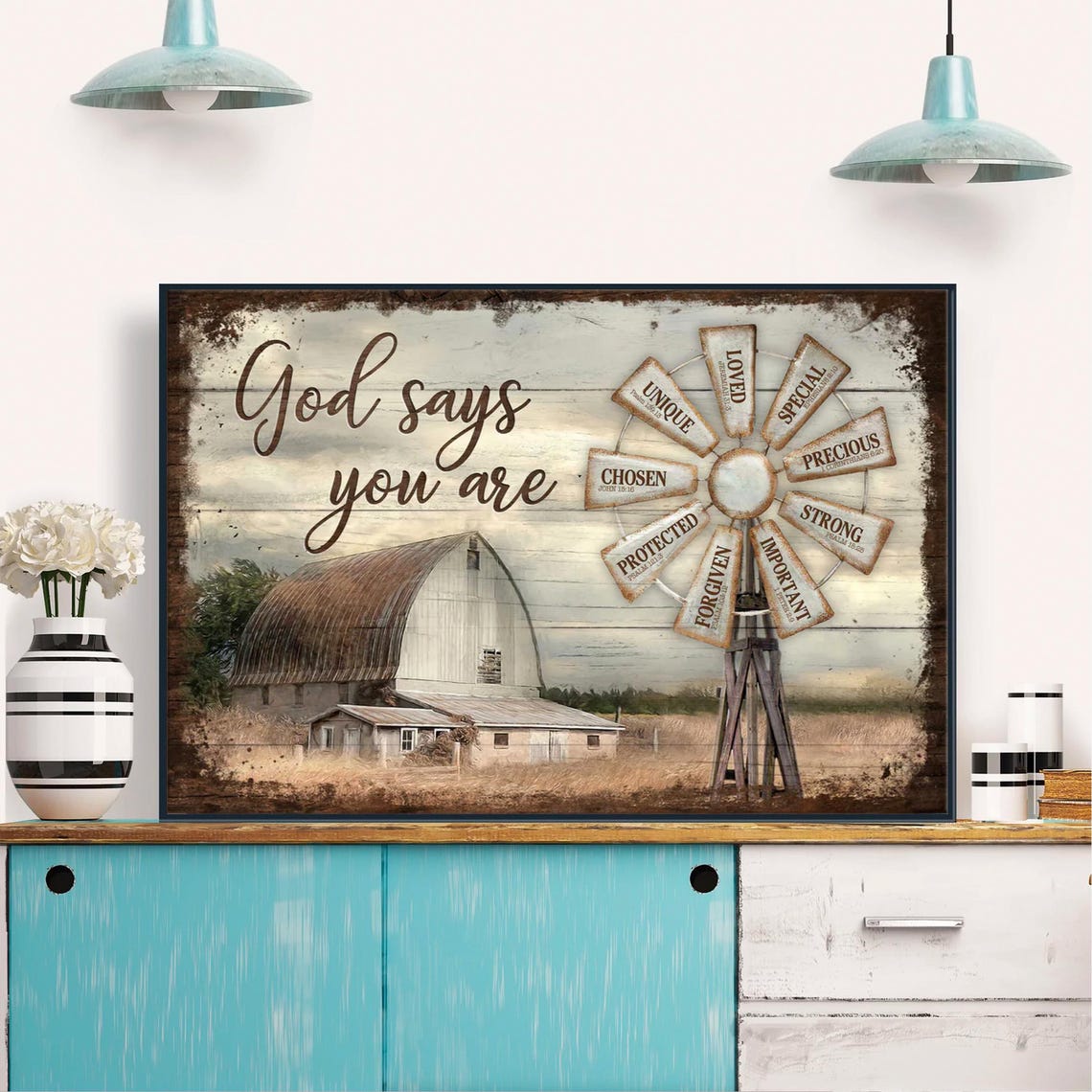God Says You Are Rustic Farmhouse Windmill Barn Christian Faith Poster - Image 3