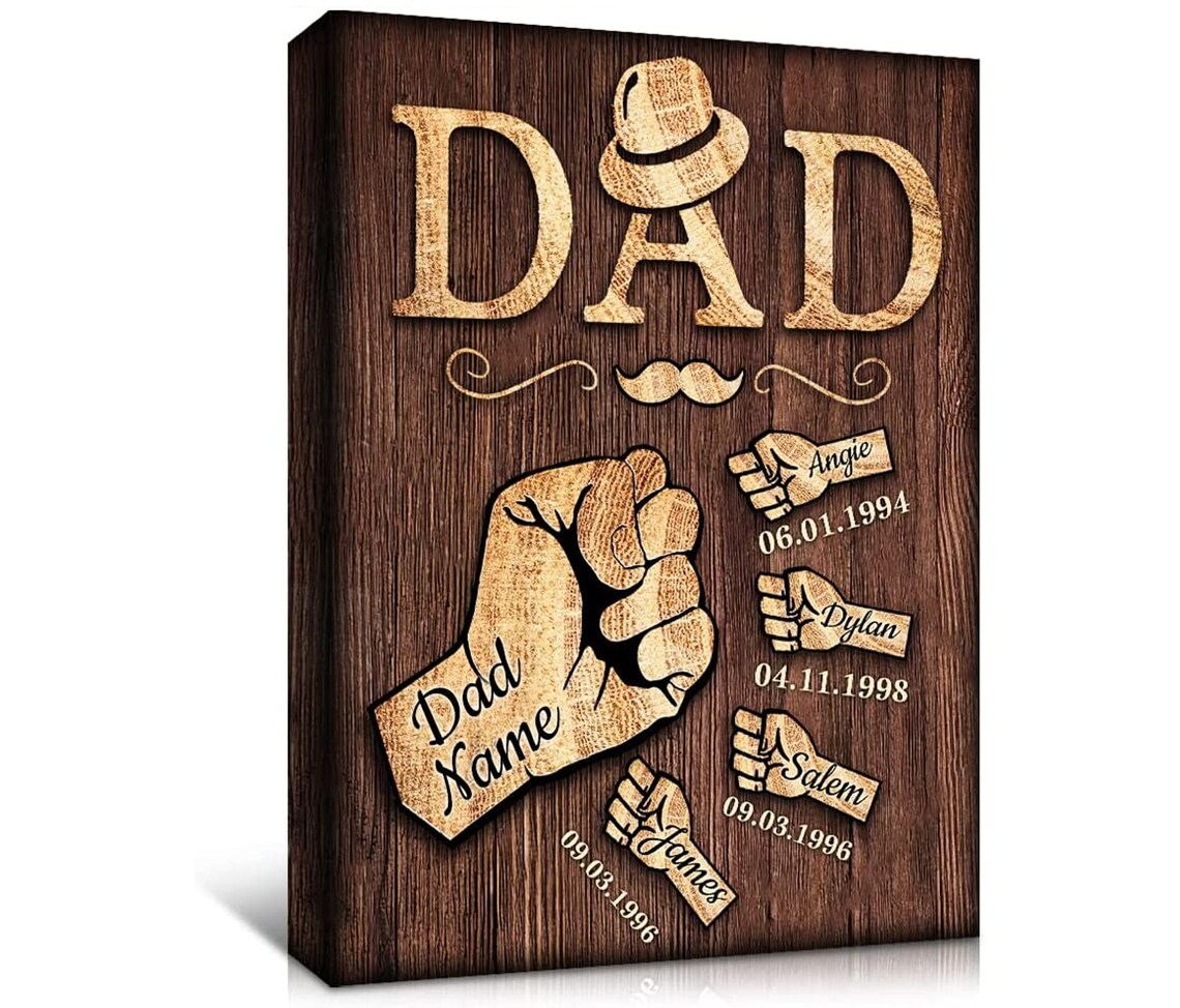 Personalized Dad Fist Bump Names Vintage Wooden Father Gift Poster