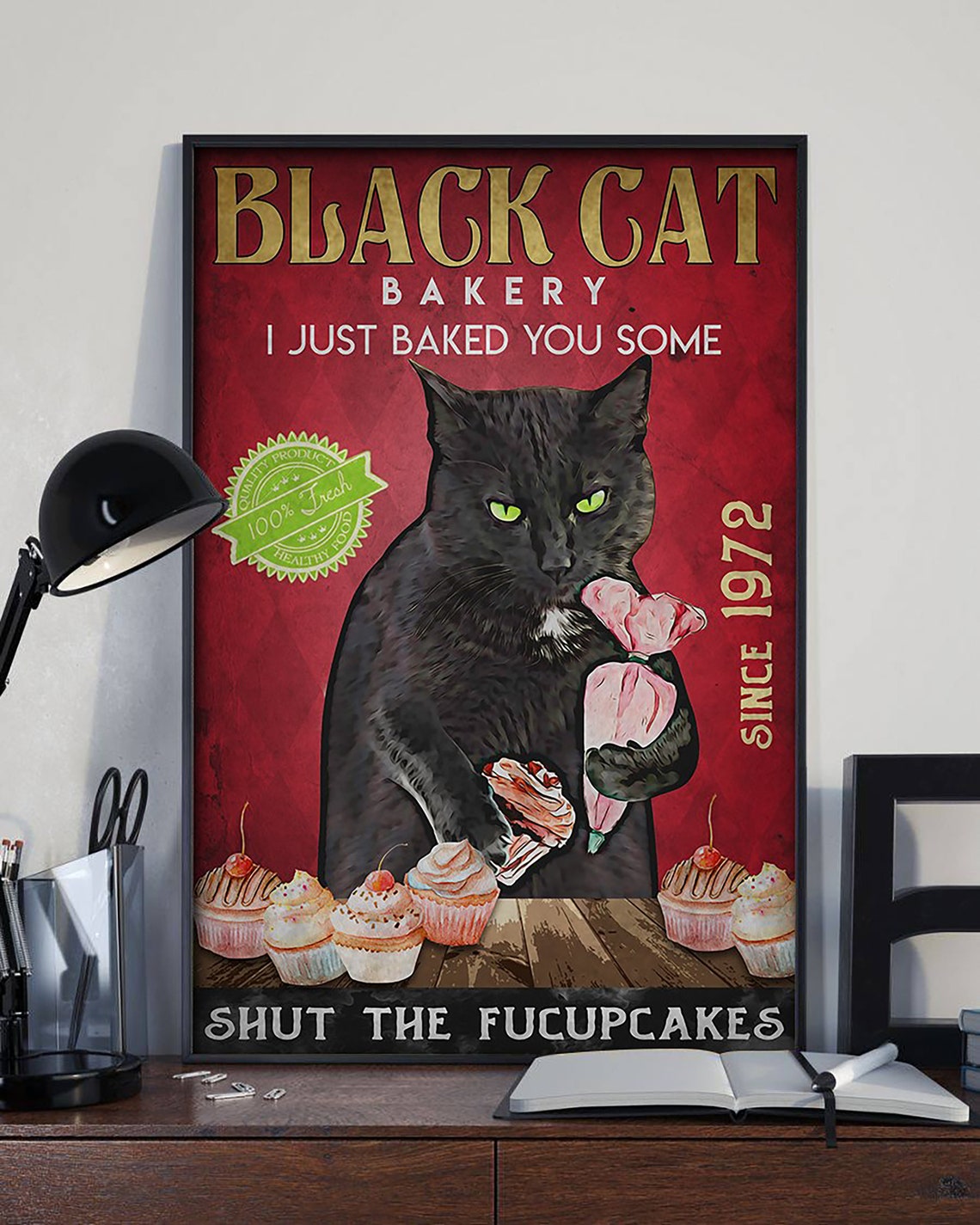 Funny Black Cat Cupcake Bakery Since 1972 Red Vintage Retro Poster