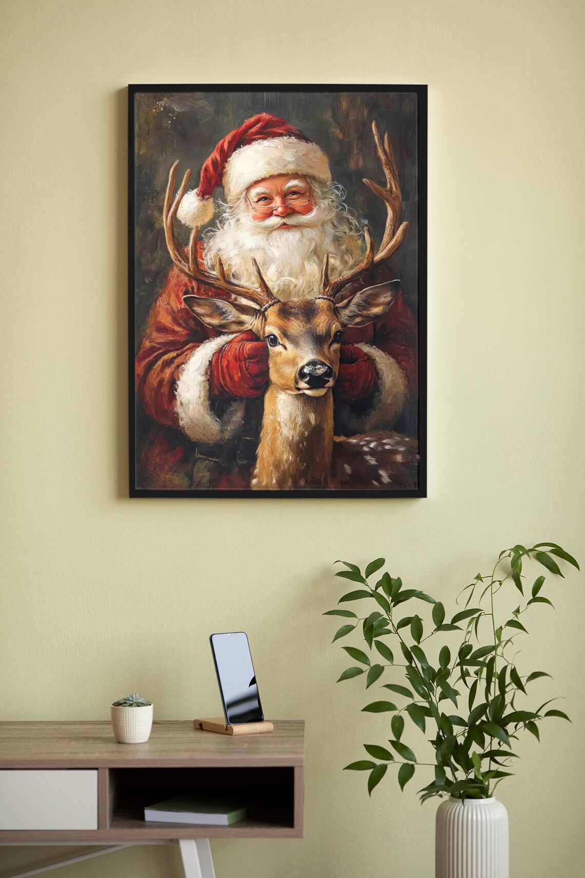 Vintage Santa Claus Hugging Reindeer Christmas Painting Poster - Image 3