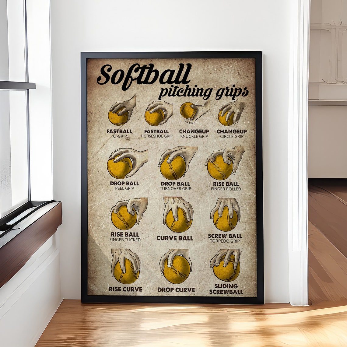 Vintage Softball Pitching Grips Chart Fastball Curveball Poster