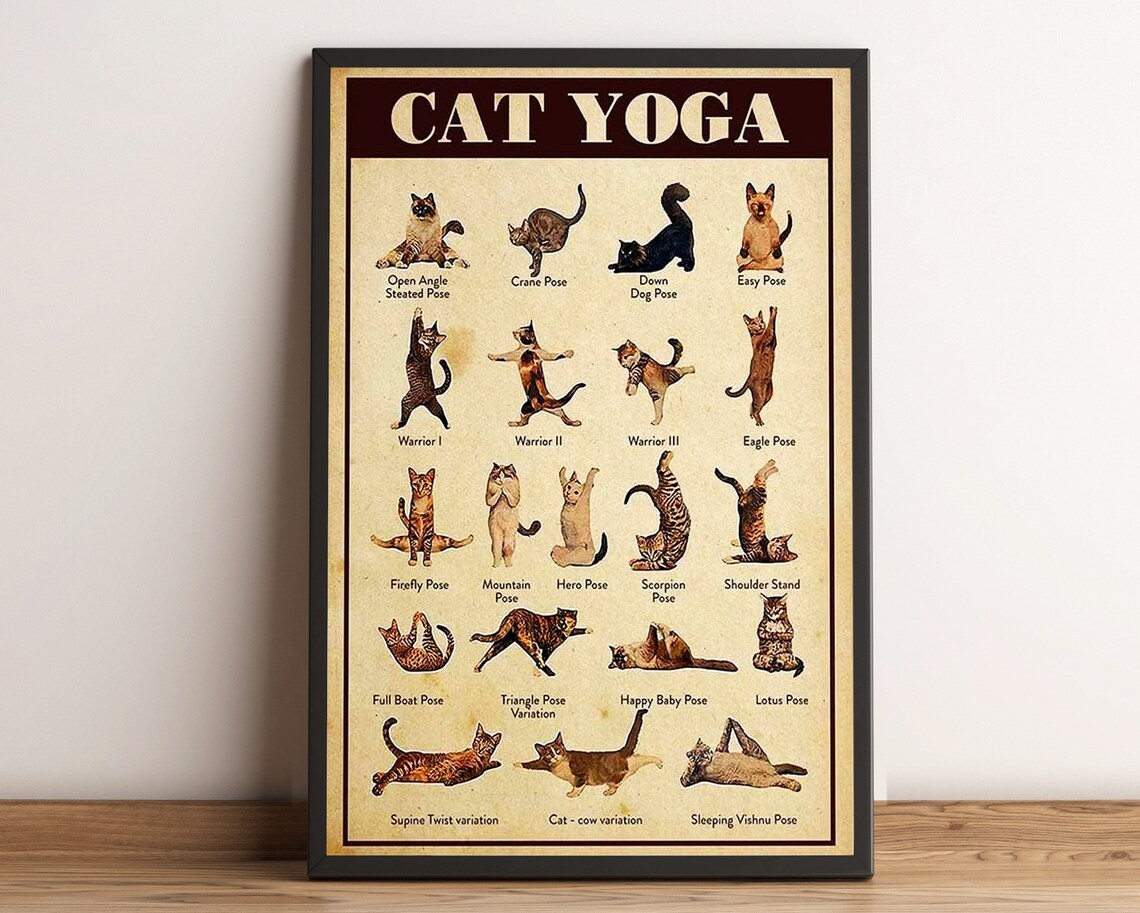 Cat Yoga Poses Chart Funny Hilarious Vintage Feline Kitty Poster