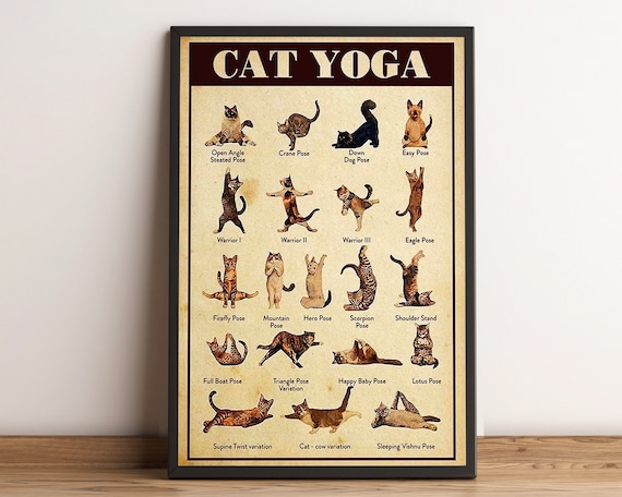 Cat Yoga Poses Chart Funny Hilarious Vintage Feline Kitty Poster
